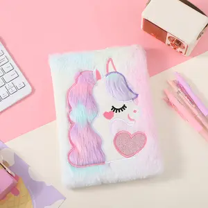 Cute Unicorn Design Plush Notebook, 2/10pcs Cartoon Plush Cover Diary Notebook, Stationery Supplies for Home School Office Dormitory