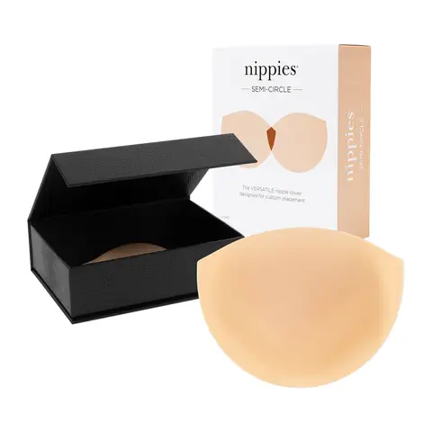 Nippies Women's Premium Silicone Nipple Covers - Semi-Circle Reusable Sticky Bra Inserts for A-C Cups, Soft Touch, Discreet Coverage, Style, Skin-Gentle, Slim, Hand Washable, with Travel Case & Neck/Body Cover Accessories