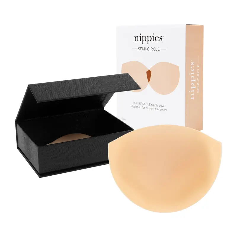 Nippies Women's Premium Silicone Nipple Covers - Semi-Circle Reusable Sticky Bra Inserts for A-C Cups, Soft Touch, Discreet Coverage, Style, Skin-Gentle, Slim, Hand Washable, with Travel Case & Neck/Body Cover Accessories