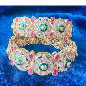 Regal Meenakari Heritage Kada: Gold-Toned Kundan Bangles with Emerald & Ruby Acc
