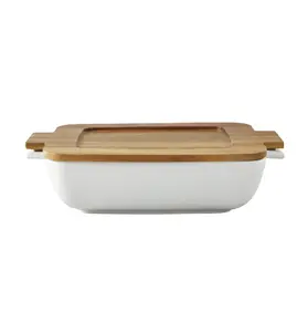 Ceramic Oven to Table Serveware Dish with Acacia Lid, 13.39 x 9.06 x 3.39 in - Kitchenware Plates Wood