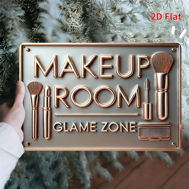Metal Tin Signs [2D Flat]  8x12 Inch Vintage Makeup Room Metal Wall Art Sign - "Makeup Room Glam Zone" with Brushes & Cosmetics Illustration - Durable Iron Decor for Home, Office, or Gift - Easy to Hang, Unique Design, Bar Decoration |   Modern Wall Art |