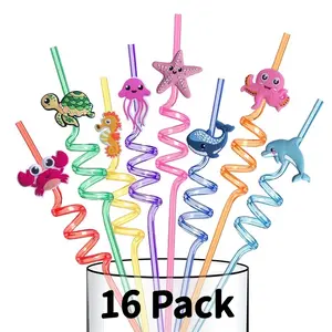 16Pcs Reusable Sea Animal Drinking Straws With 2 Cleaning Brushes Cute Ocean Creature Plastic Straws Summer Beach Themed Party Supplies For Kids Birthday Pool Holiday Party Decor Perfect Festival Gift For Girls Boys