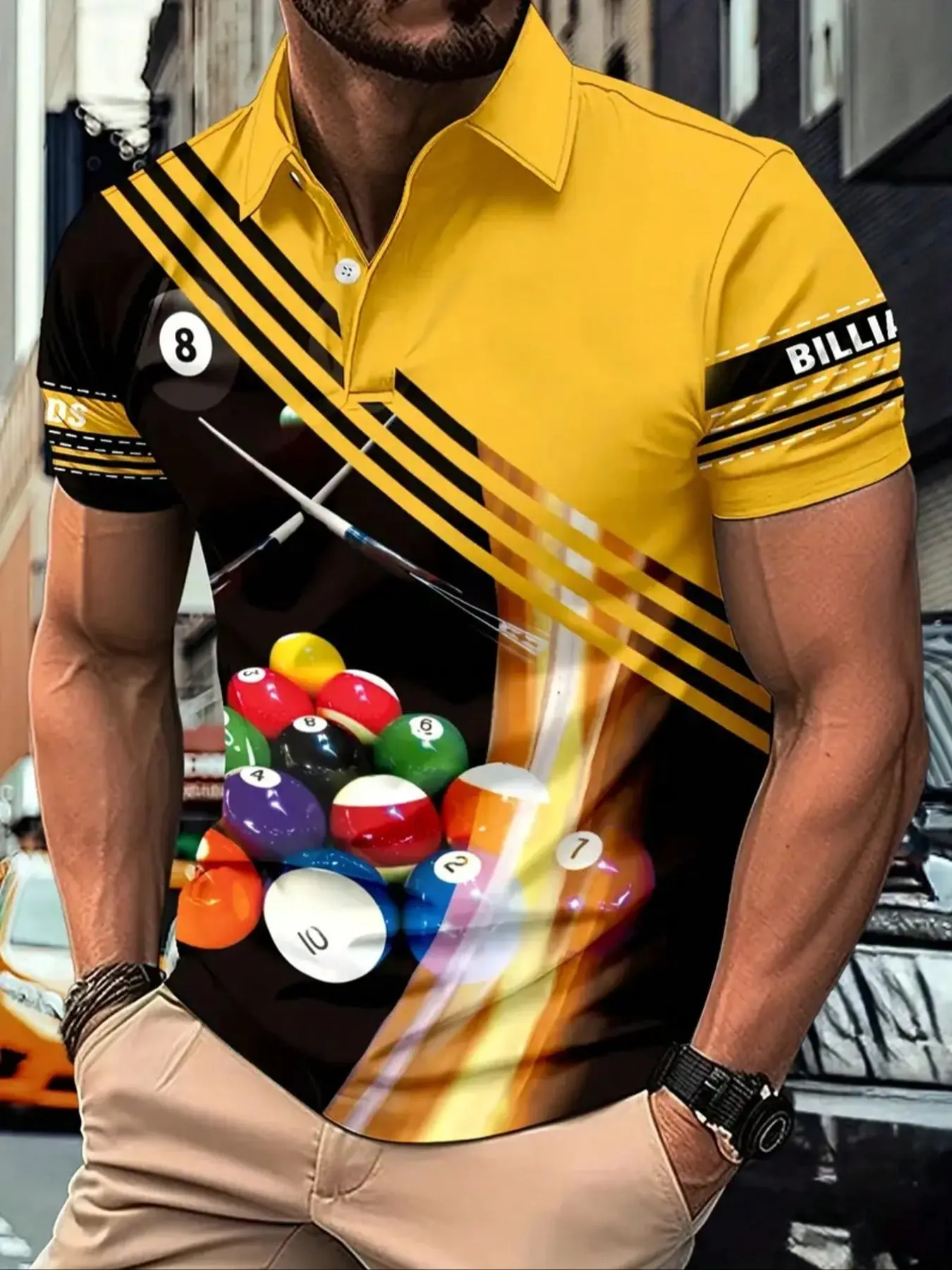 Men's Billiard Graphic Short Sleeve Collared T-Shirt, Casual Trendy Streetwear Top, Perfect Gift for Summer Fashion Lovers