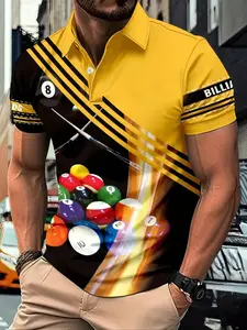 Men's Billiard Graphic Short Sleeve Collared T-Shirt, Casual Trendy Streetwear Top, Perfect Gift for Summer Fashion Lovers
