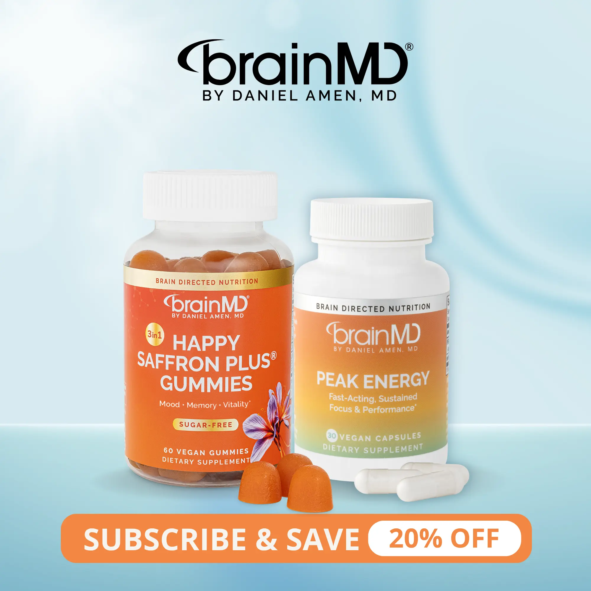 Bestseller Duo | BrainMD | Happy Saffron Plus Gummies 60 ct+ Peak Energy Capsules 30 ct | Mood & Energy Support | Focus & Vitality Support | Affron Saffron & PeakATP