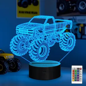 Monster Truck 3D Night Light, 16 Color Changing LED Lamp with Remote, Acrylic Kids Bedside Lamp, Bedroom Decor, Birthday & Christmas Gift for Boys