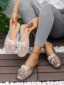 Transparent Jelly Hollow Out Pearl Bow Flat Shoes, Soft Style Breathable Single Shoes, Casual PU Upper Rubber Sole, All Seasons