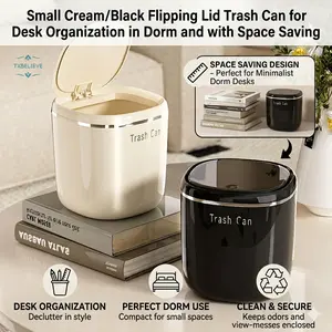 Small Cream/Black Flipping Lid Trash Can for Desk Organization in Dorm and with Space Saving