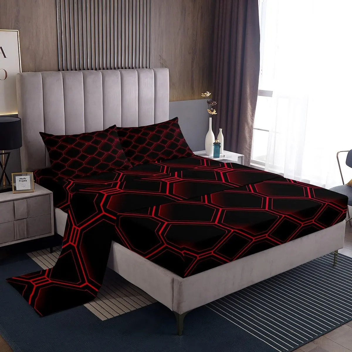 Feelyou Honeycomb Bed Sheet Set - 3D Stereoscopic Red and Black Hexagon Microfiber Sheets, Breathable Soft Comfy Deep Pockets Bedding Set, Geometric Beehive Abstract Art Room Decor, Breathable Sheets
