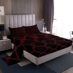 Feelyou Honeycomb Bed Sheet Set - 3D Stereoscopic Red and Black Hexagon Microfiber Sheets, Breathable Soft Comfy Deep Pockets Bedding Set, Geometric Beehive Abstract Art Room Decor, Breathable Sheets