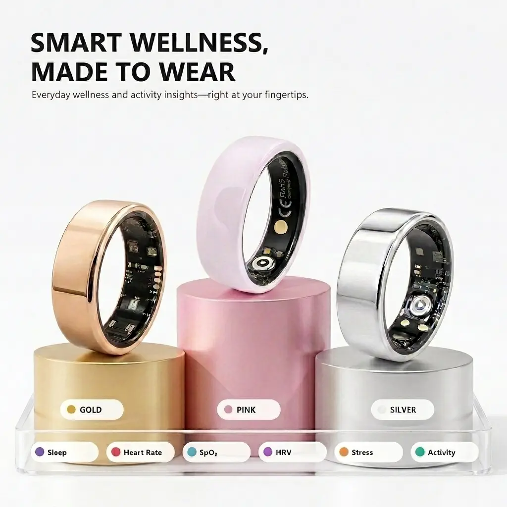 Pink Ceramic Smart Ring for Women, Fitness and Sleep Tracker with Heart Rate, HRV and Stress Insights, Multi-Sport Modes, 3–4-Day Battery, 10-Day Standby, IP68 Water-Resistant, Charging Case with Approx. 10 Recharges
