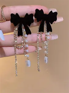 Elegant Bow Design Teardrop Earrings with Faux Pearl Decor, Fashionable Women's Jewelry, Perfect Birthday Gift, Versatile and Stylish