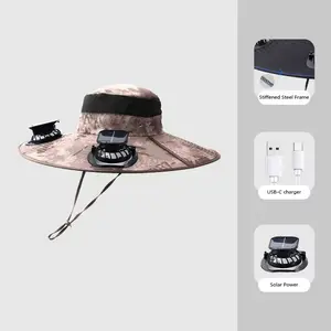 L 2025 Upgraded Wide Brim Solar Fan Outdoor Fishing Hat-Solar & USB, Men Sun Hat with 2 Solar Fan Fishing Hats, Solar Fan Hat UPF 50+