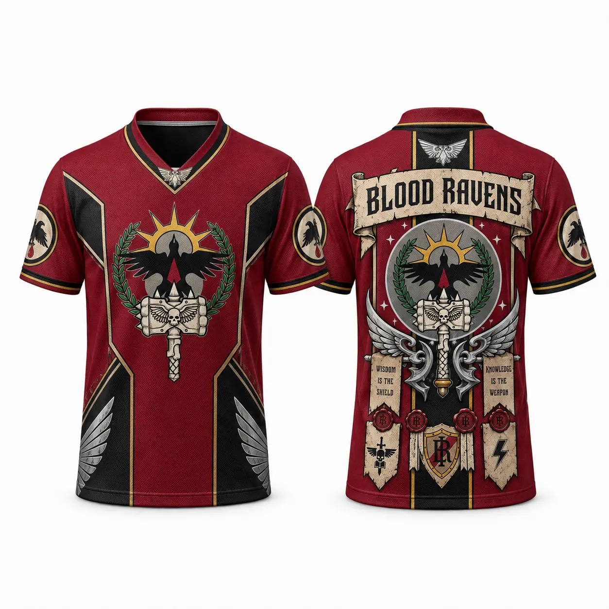 Warhammer 40K Space Marine Faction Athletic V-Neck Jersey - The Secretive Blood Ravens Chapter - Durable and Stylish Sports Shirt Featuring Classic Grimdark Lore Iconography & Relic Banners