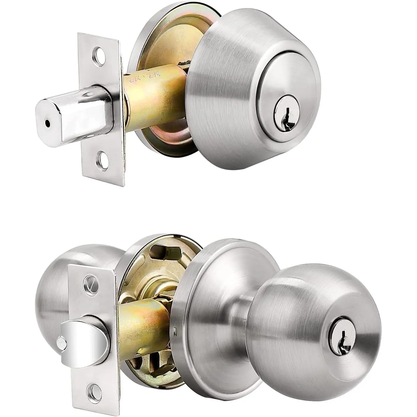 4-Pack Synthetic Entry Door Handlesets with 2-3/4 in Single Cylinder Deadbolt, Brushed Nickel Contemporary Door Knob Locks, Adjustable Backset, Thumb Turn, Key Alike, 250,000-Cycle Durability, Lock Cylinders for Victorian Décor, 2-3/4 Inch
