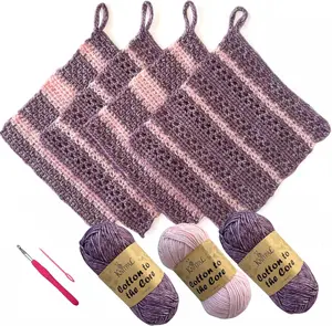 KnitPal Everyday Joy Dishcloth Crochet Kit | Make 4 Reusable Dishcloths | Cotton DK Yarn, Hook | Pattern & Video Guide | Confident Beginner (Plum Purple + Blush Pink)