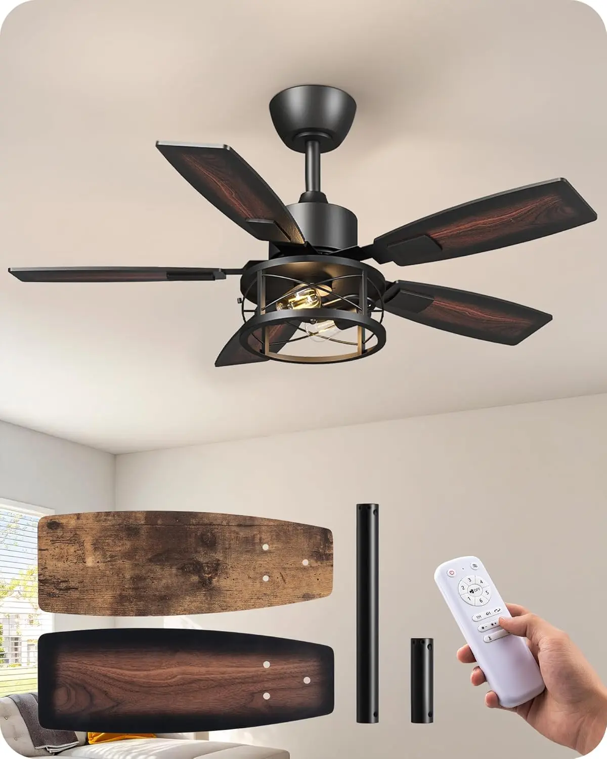 EDISHINE Farmhouse Caged Ceiling Fan with Dimmable Ceiling Lights, 42 Inch Rustic Design with 5 Wood Blades, Quiet Reversible DC Motor & Remote Control, Home Decor Light, Ambient Decor Lighting