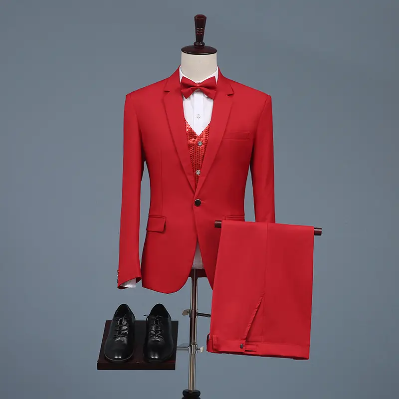 Slim Fit Men's Dress Suit Set 2025 New Men's Red Suit Suit Groom Wedding Dress Stage Youth Host Emcee Performance Costume