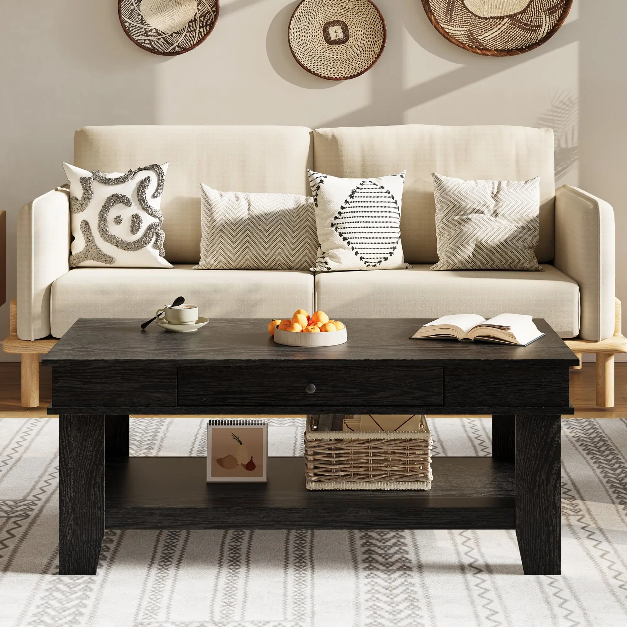 Rustic Walnut Coffee Table for Living Room – Long Rectangular Center Table – Sturdy Four-Leg Design – Drawer & Open Shelf Storage – Heavy-Duty Construction – Easy-to-Clean Surface – Modern Farmhouse Style