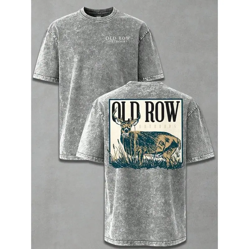 Men's Vintage Washed Deer Hunting Graphic T-Shirt, 100% Cotton Outdoor Tee, Retro Wilderness Style Short Sleeve Shirt for Hunting, Camping, Hiking & Casual Streetwear
