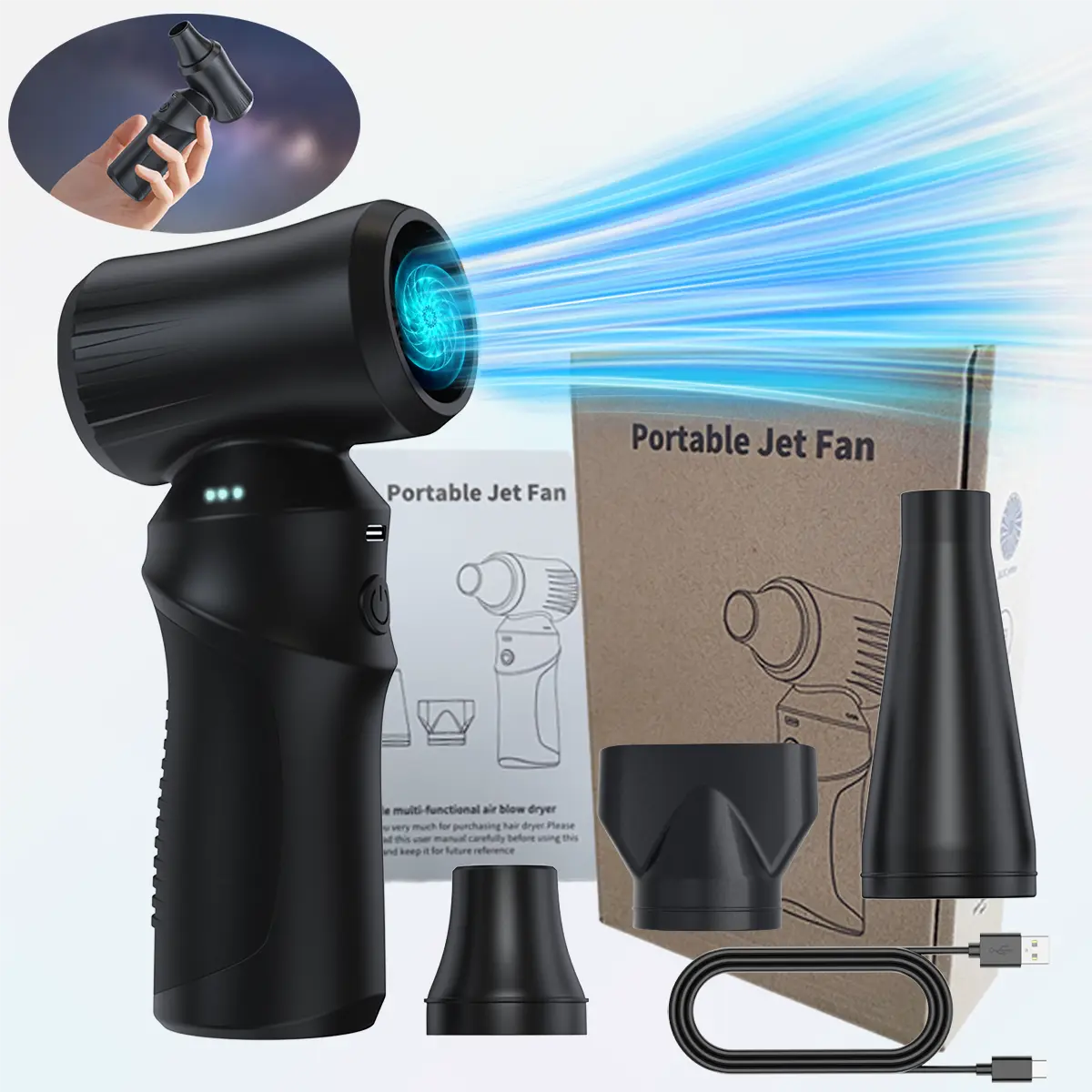 Electric Air Duster With 3 Replaceable Nozzles (Short Long Flat) 130000RPM Super Power Cordless Jet Blower Rechargeable Brushless Motor Durable 3 Speed Adjustable Dust Blower For Computer Keyboard Car Dry Inflating