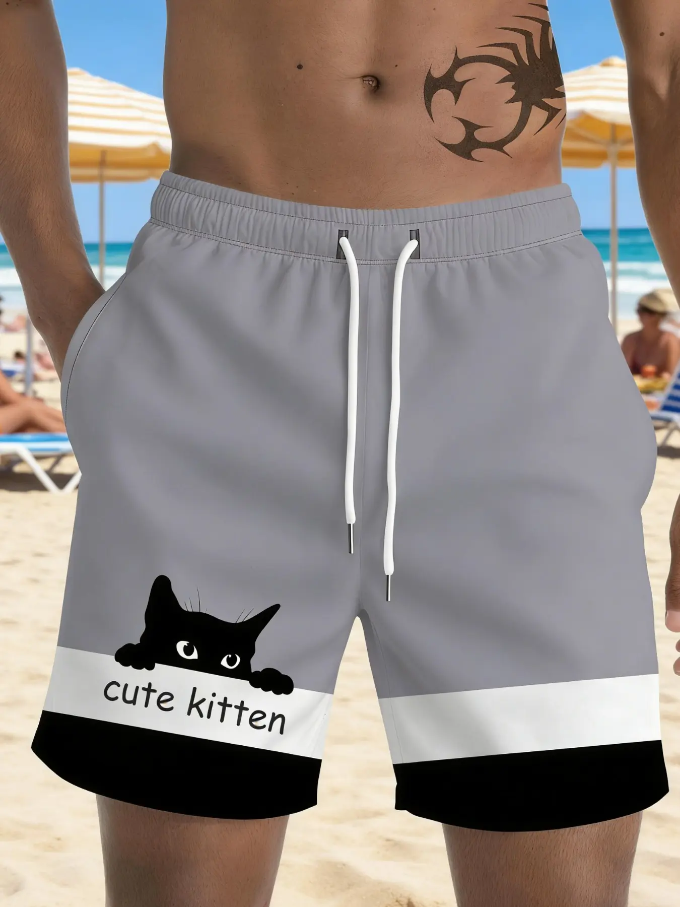 Summer Beach Cute Kitten Cat Casual Shorts, Men's Quick-Dry Loose Fit Vacation Shorts, Comfortable All over Print Beachwear