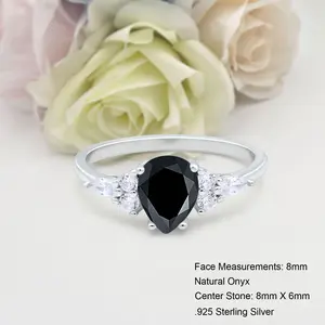Art Deco Teardrop 1.25 Carat Natural onyx Bridal Band Women Wedding Engagement Pear Shape Ring 925 Sterling Silver 8mm