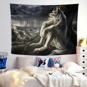 Funny Alpha Sigma Beta Wolf Tapestry, Indoor Wall Tapestries Emo White Wolf Sitting Sad Tapestry Wall Mural Decoration for Home Decorative Paintings Tapestry