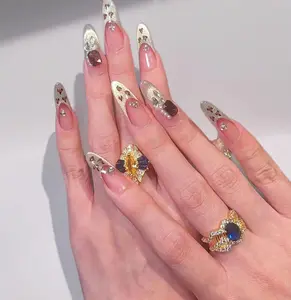 Leopard print almond shaped sparkling diamond fake nails, rainbow sparkling trendy look nails, handmade acrylic nails, Y2K nail art set, 3D carved fake nails, detachable nails that can be reused, nail art, handmade pressed nails tiktokshopspringglow