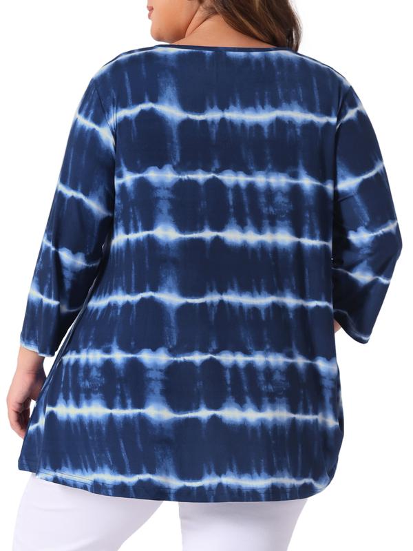Agnes Orinda V Neck Plus Size Tops for Women Elbow 3/4 Sleeve Loose Fit Casual Blouse Tee Top Tie Dye T Shirts Trendy Blue White