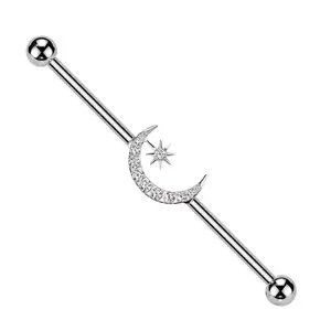 Internally Threaded CZ Crystal Crescent Moon and Star Industrial Barbell - ASTM F-136 Implant Grade Titanium