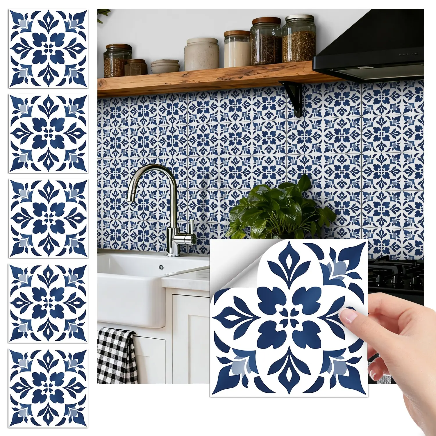 24PCS FHZ Classic Art Tile Stickers | Blue-White Gradient Floral PET Matte Peel-and-Stick Backsplash | Waterproof Oil-Proof for Home & Office DIY Renovation