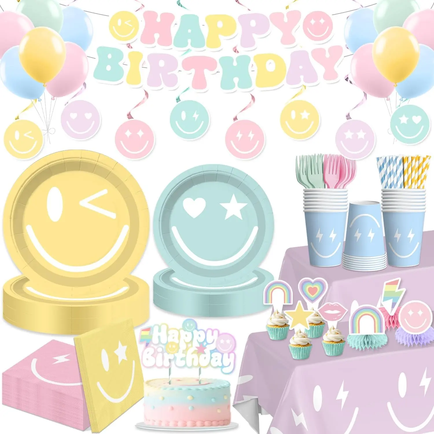 Pastel Smiley Face Birthday Decorations, Preppy Plates and Napkins | Preppy Birthday Banner Disposable Tableware Tablecloth Cake Toppers Colorful Rainbow Y2k Party Decorations for Girls Serve 25