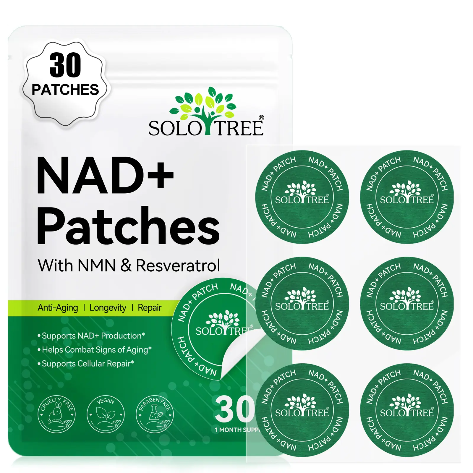 Solotree Nad+ Patch 30pcs, Contains Nicotinamide Riboside & Resveratrol, Hypoallergenic, Suitable for All Body Parts, Skin Care
