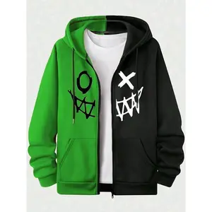 Men's Casual Fleece Zipper Hoodie Jacket with Bold Pattern Print - Polyester Fiber, Machine Washable, Ideal for Layering in Autumn and Winter Menswear Collar Sweatshirts Tops Fabric Pullover Long Sleeve Pocket Multicolor