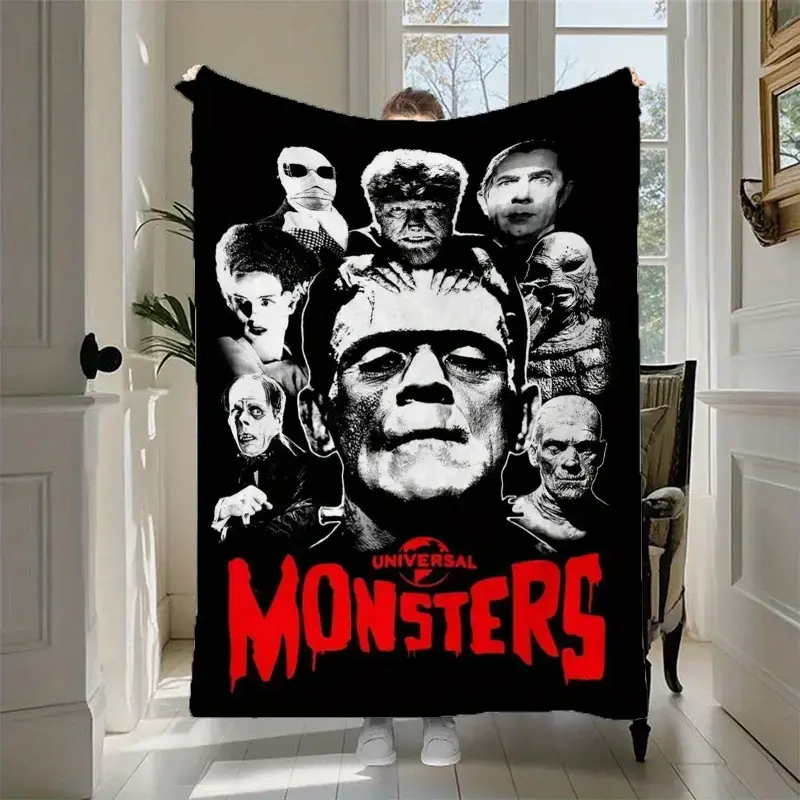 Universal Monster Horror Theme Printed Flannel Blanket, Soft and Comfortable, Suitable for All Seasons, Suitable for Sofa, Bedroom, Office, Plush Cozy Throw Blanket for Couch Bed Living Room Movie Night Halloween Decor