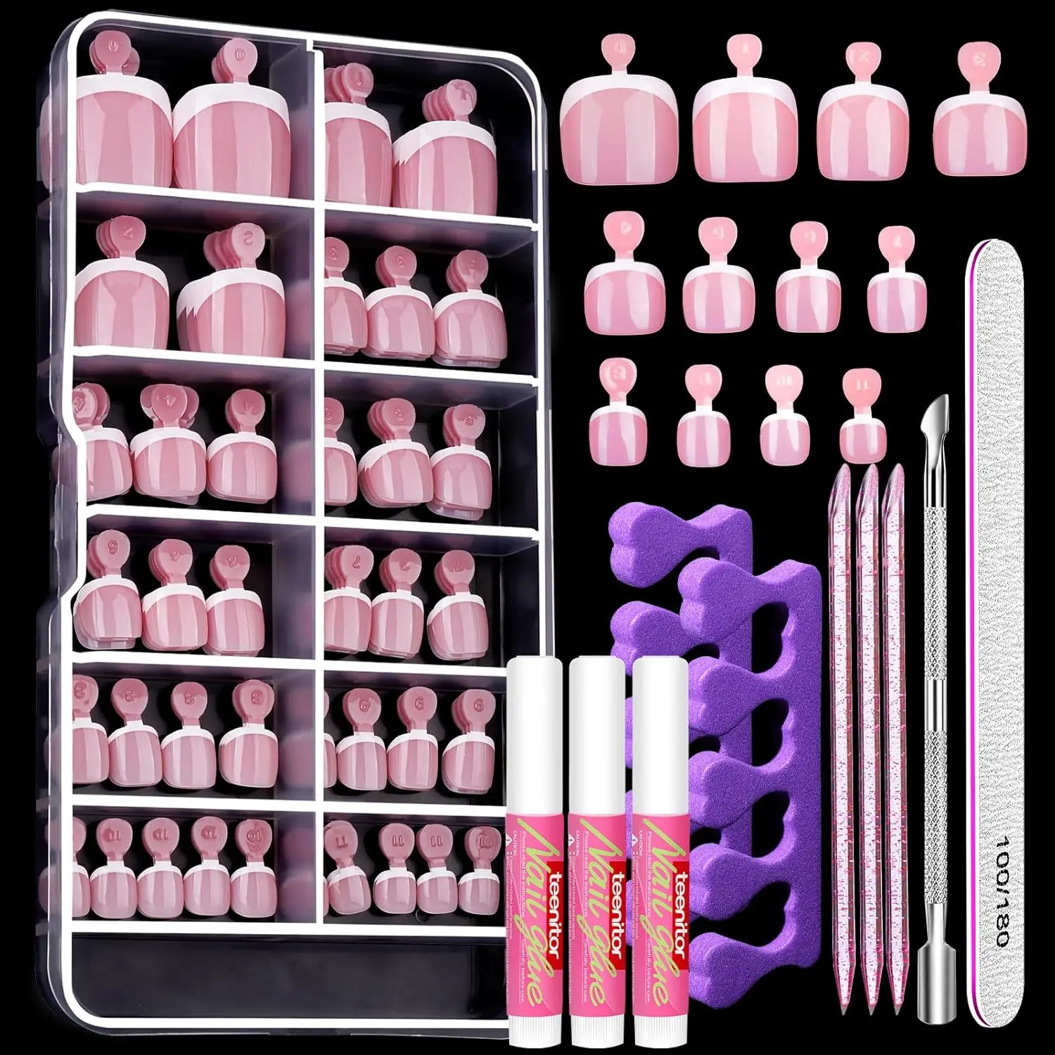 Teenitor Toe Nail Press Ons With Glue, 120pcs Press on Toenails French Tip Toe Nails, Pink French Toe Press on Nails Fake Toe Nails for Women, Short Square Toe Nails Glue on