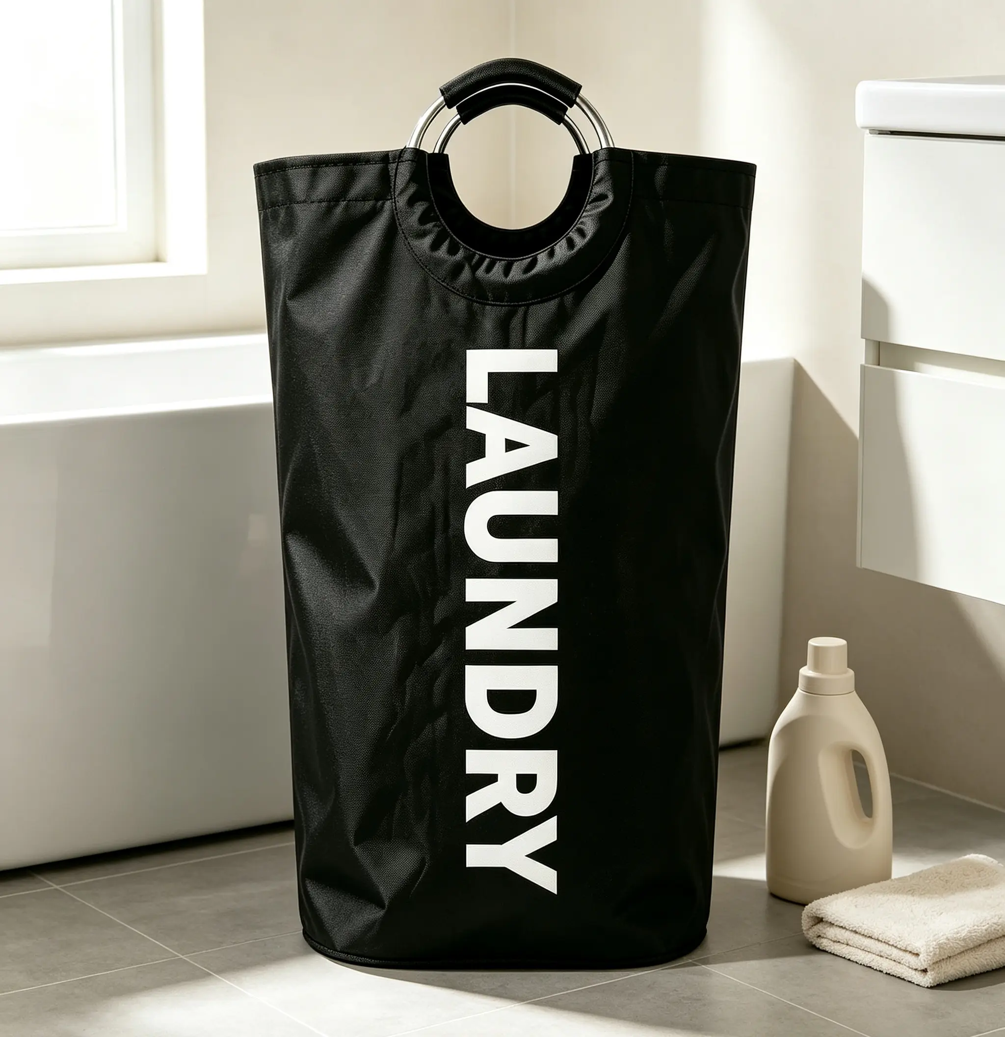 Waterproof Large Capacity Freestanding Laundry Storage Basket with Comfort Padded Carry Handles,Space Saving Foldable Clothes Bin,Sturdy Independent Garment Container,Versatile Hamper for Bathroom Household Indoor Daily Garment Arrangement