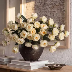 6 Pcs 32" Large Beige Artificial Peonies Stems Flowers, Real Look Faux Silk Peony Bouquet 42 Heads Total for Vase Filler, Farmhouse Rustic Neutral Home Decor, Wedding Centerpieces