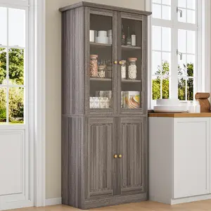 71" Freestanding Modern Kitchen Pantry Cabinet with Glass & Wooden Doors, Adjustable Shelves, Coffee Bar Storage Cupboard for Dining Room, Grey Kitchen Storage Solutions