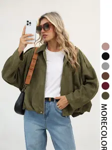 New Spring Fall Trendy Military Short Jacket, Suede Velvet Loose Fit Women's Casual Outerwear, Stylish Plain Design