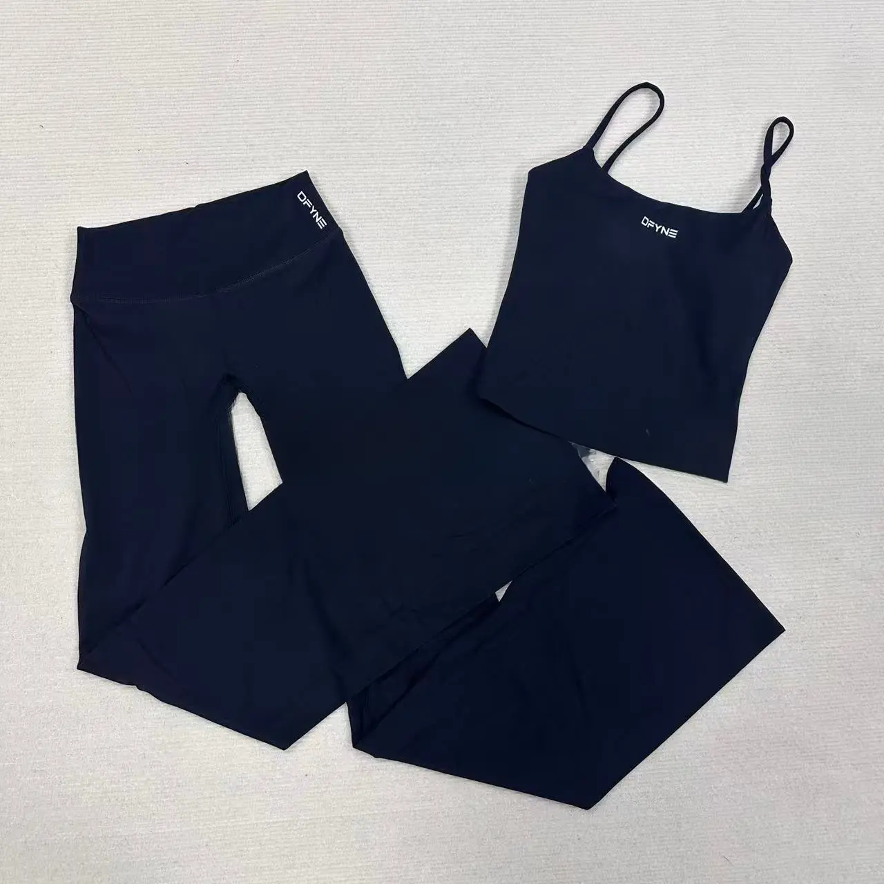 DFYNE Female 2-Piece Yoga Wear Set - Soft Brushed Nylon Padded Spaghetti Strap Cami, High-Waisted Flare Yoga Pants with Elastic Fit, Two Piece Set, Padded Straps