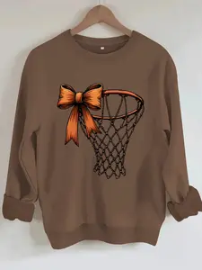 Women's Basketball Hoop Print Round Neck Sweatshirt, Casual Loose Fit Pullover, All-Season Comfort, Durable Fabric