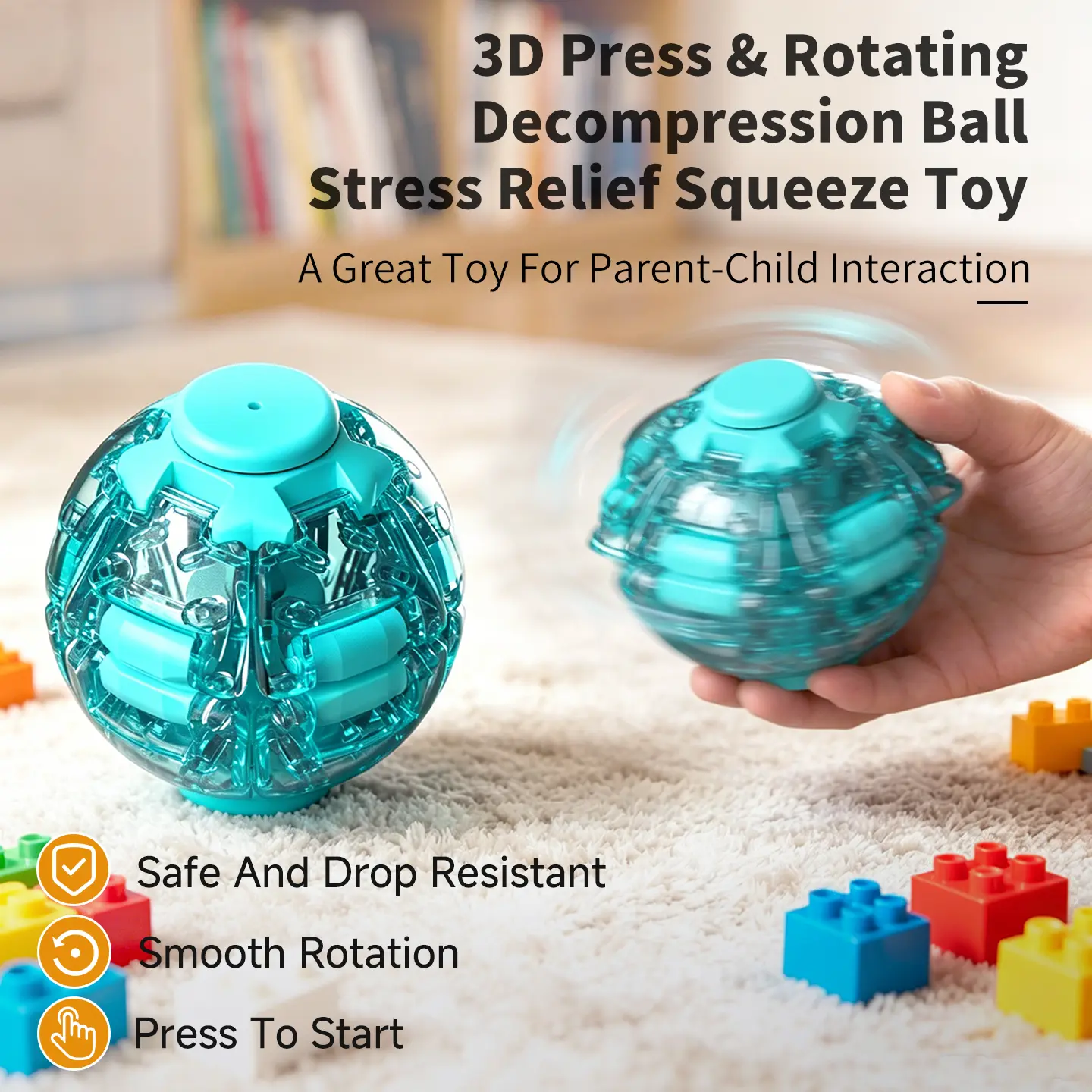 3D Press & Spin Rotating Fidget Ball – Stress Relief Squeeze Toy for Kids & Adults