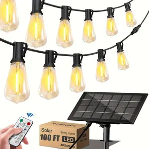 Solar Outdoor Powered 100ft LED String Lights, 52 ST38 Edison Bulbs 8 Modes Dimmable Waterproof Design, 2500K Soft Warm Lighting Ideal for Camping Balcony Patio