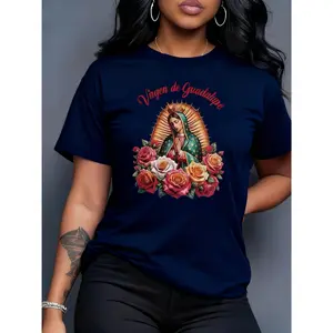 100% Cotton Lady Guadalupe Virgin Mexico Folk Art T-Shirt - Vibrant Religious Pattern Print Round Neck Short Sleeve, Soft Breathable Fabric, S-XXL Sizes, Casual and Festive Wear, All-Season Comfort, Machine Washable, Multiple Colors Available