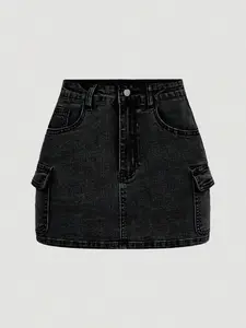 Tall Women's Form Fitting Denim Mini Skirt with Pockets - Casual & Flattering Fit