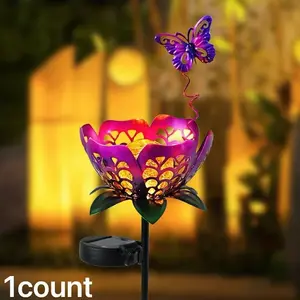 Solar Butterfly Lotus Lamp, Forging Iron Outdoor Statue Decor Light, Garden Lawn Yard Landscape Enhancement, Solar Powered Lighting, Solar Pathway Lights