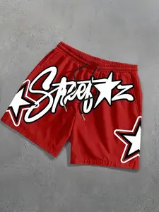 Men's Red Graffiti Star Print Drawstring Athletic Shorts, Athleisure Shorts, Casual Summer Shorts, Suitable For Streetwear And Daily Casual Outfits